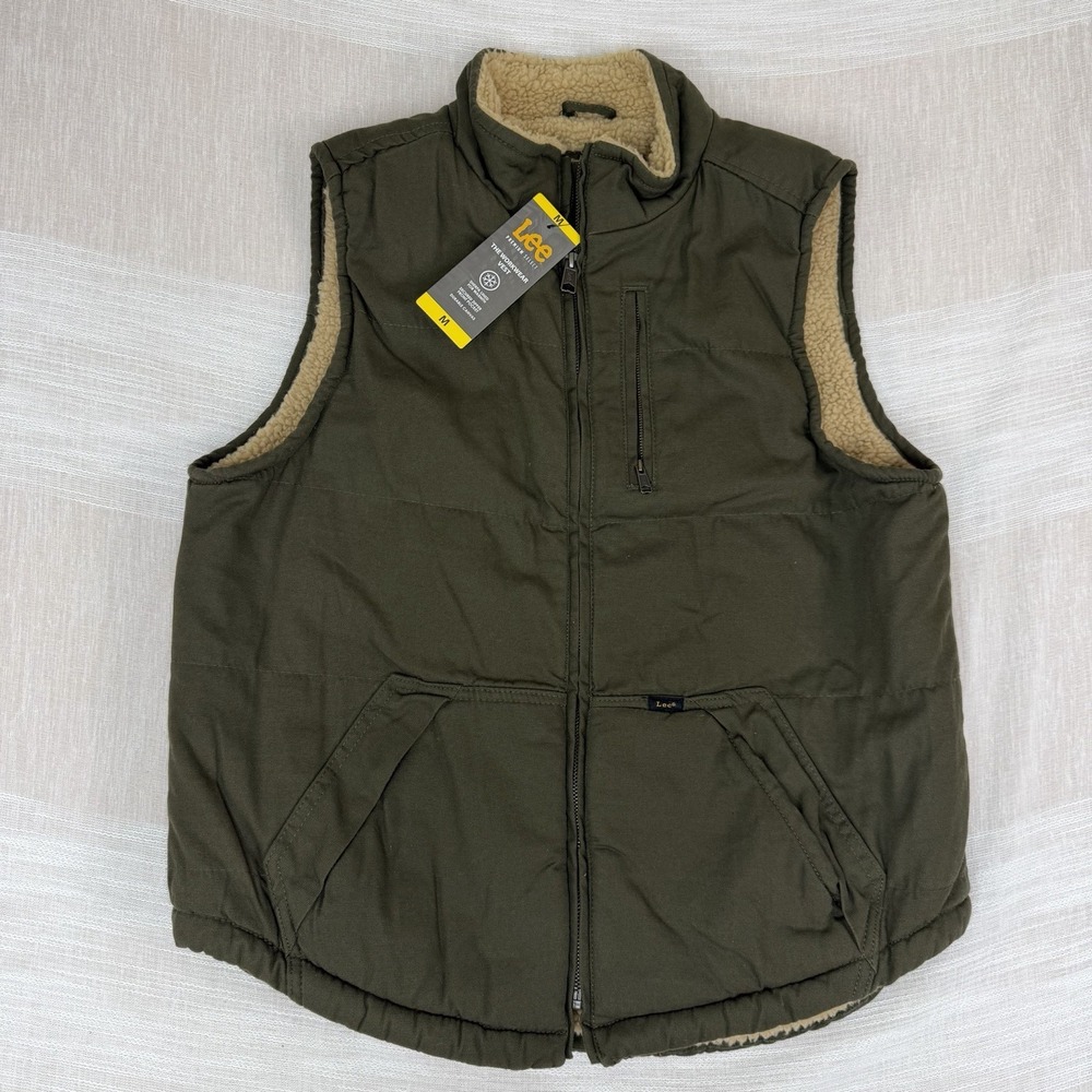 LEE Premium Sherpa Lined Men's Workwear Vest Sz M Olive Green Canvas $90 NEW
